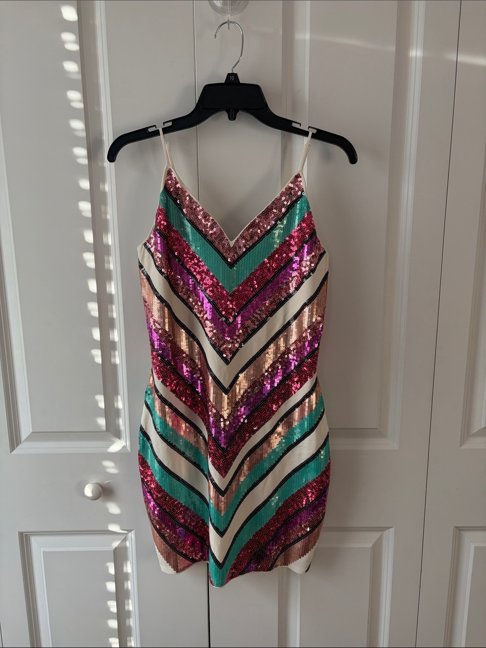 Express Sequin Chevron Mini Dress in Pink, Teal & Gold Size Medium New